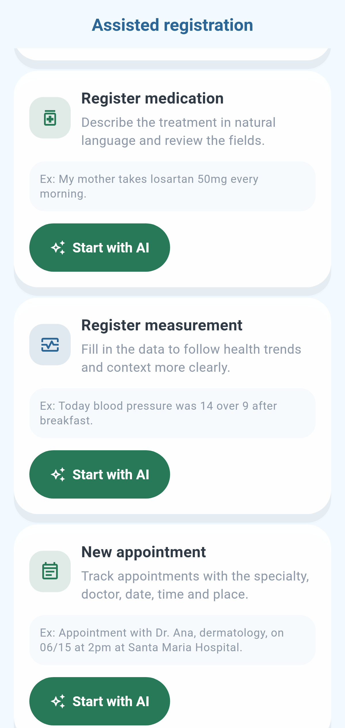 Real CronoBem AI-assisted registration screen with entry options