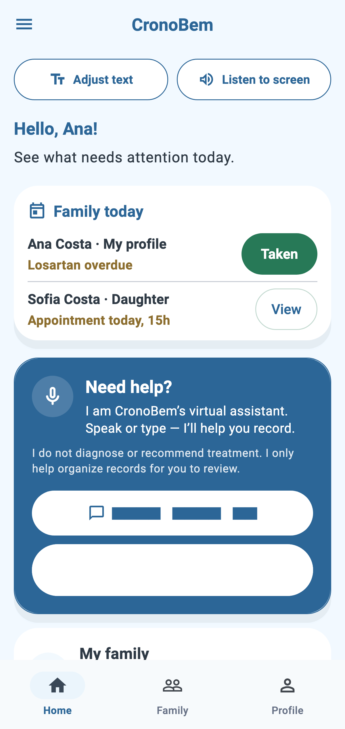 Real CronoBem home screen with Family today, the Taken action, and the people you care for