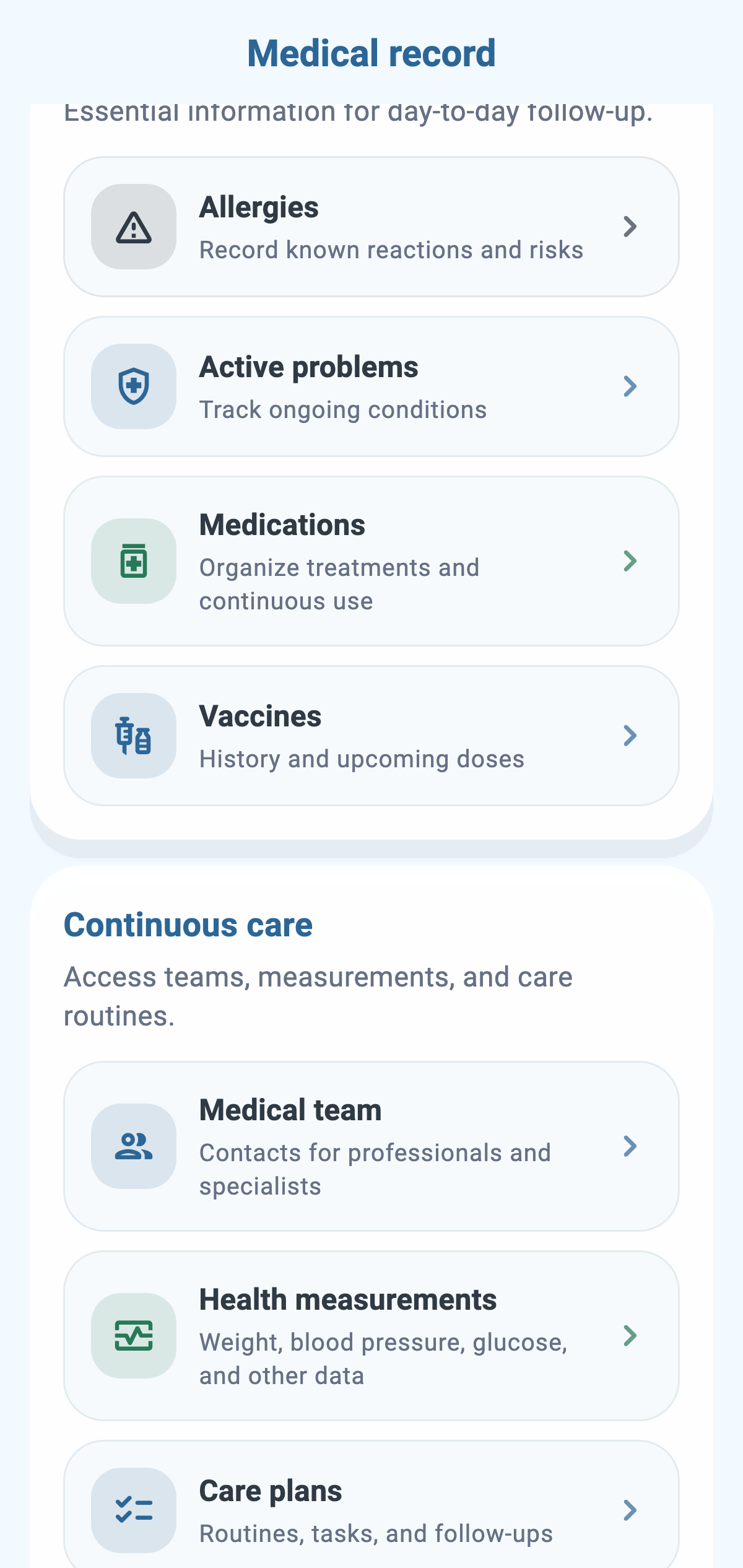 Real CronoBem medical record menu screen with sections for allergies, active conditions, medications, vaccines and care team