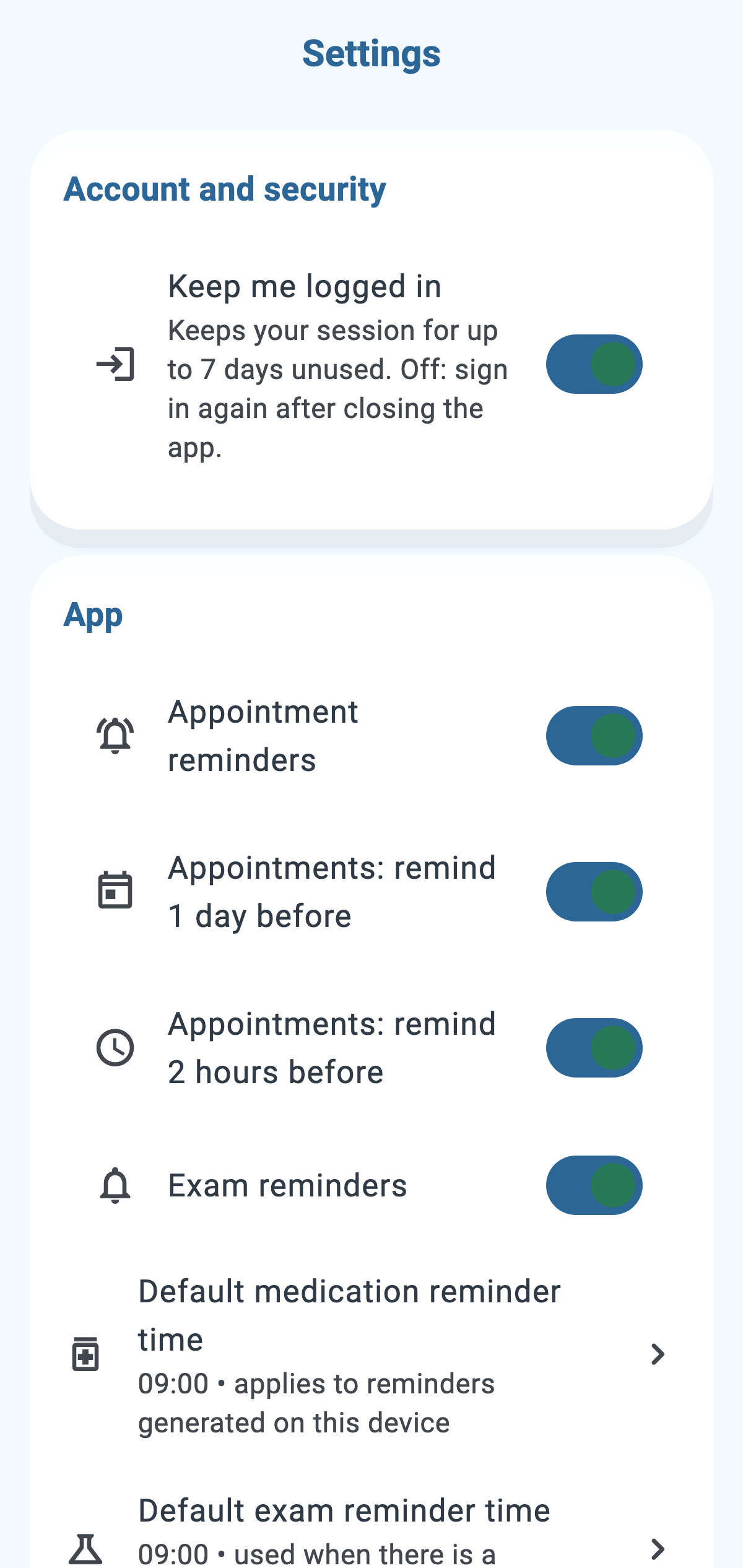 Real CronoBem settings screen with appointment and exam reminders, plus backup and data export options