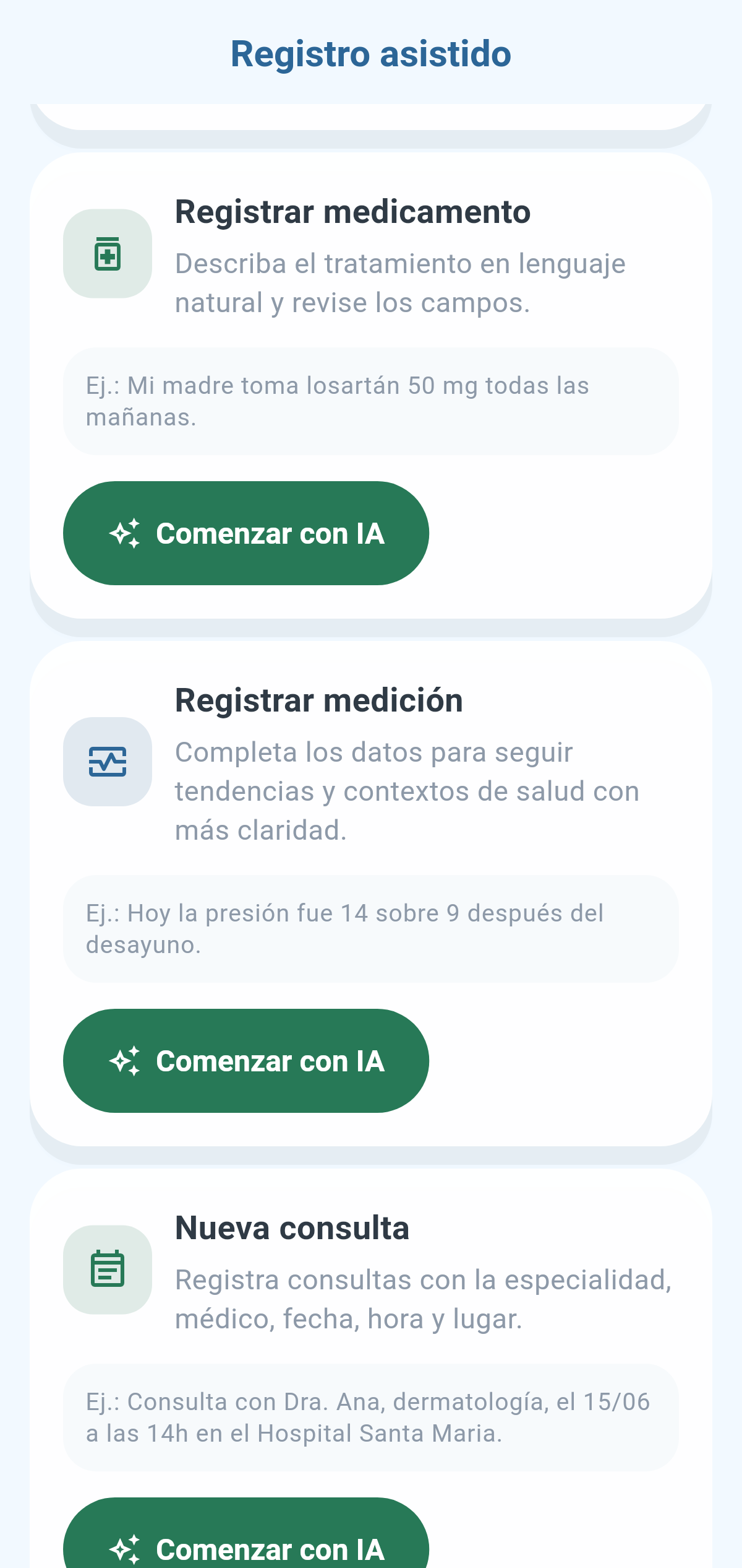 Pantalla real de registro asistido por IA de CronoBem con las opciones de registro