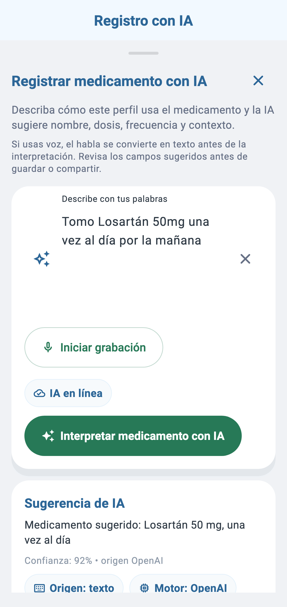 Pantalla real de revisión de sugerencia de la IA en CronoBem, mostrando el nivel de confianza antes de confirmar el registro