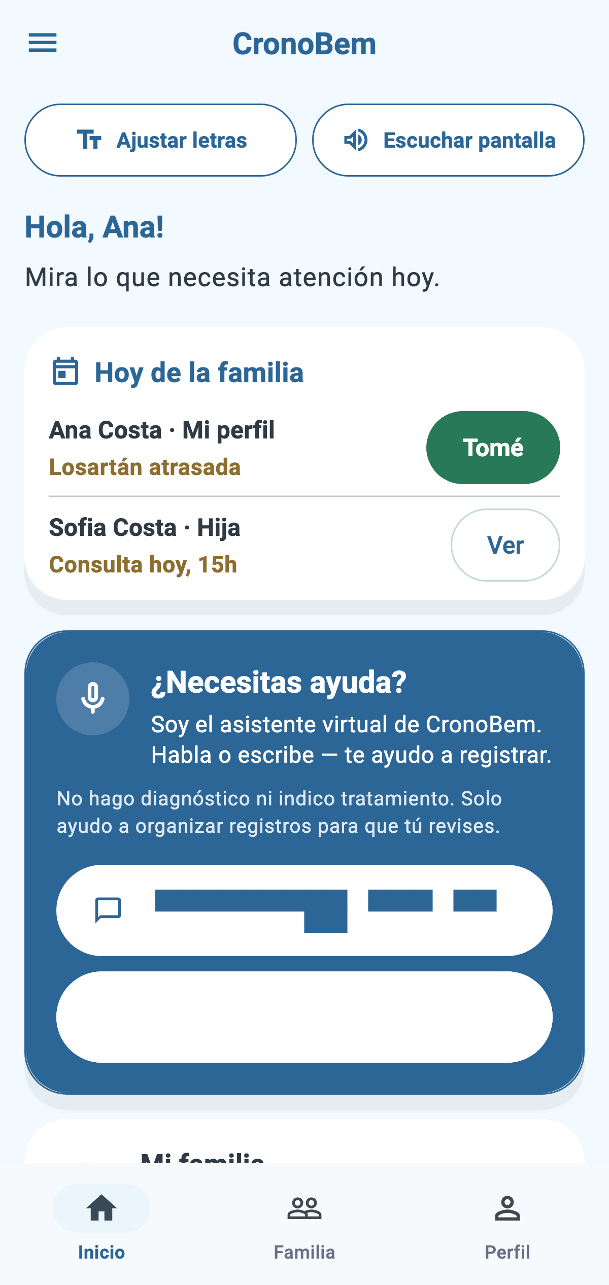 Pantalla inicial real de CronoBem con Hoy de la familia, la acción Tomé y las personas acompañadas