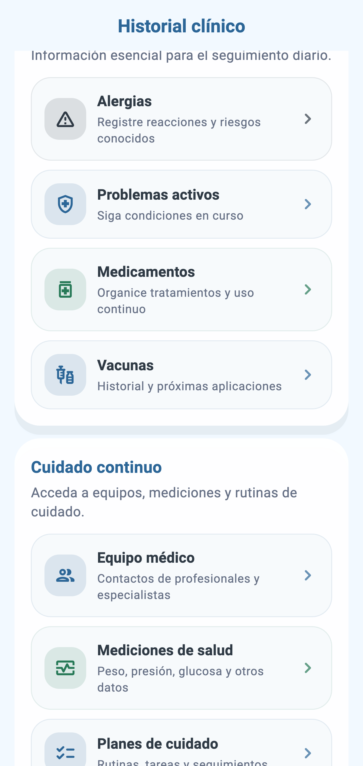 Pantalla real del menú de historial clínico de CronoBem con las secciones de alergias, condiciones activas, medicamentos, vacunas y equipo médico