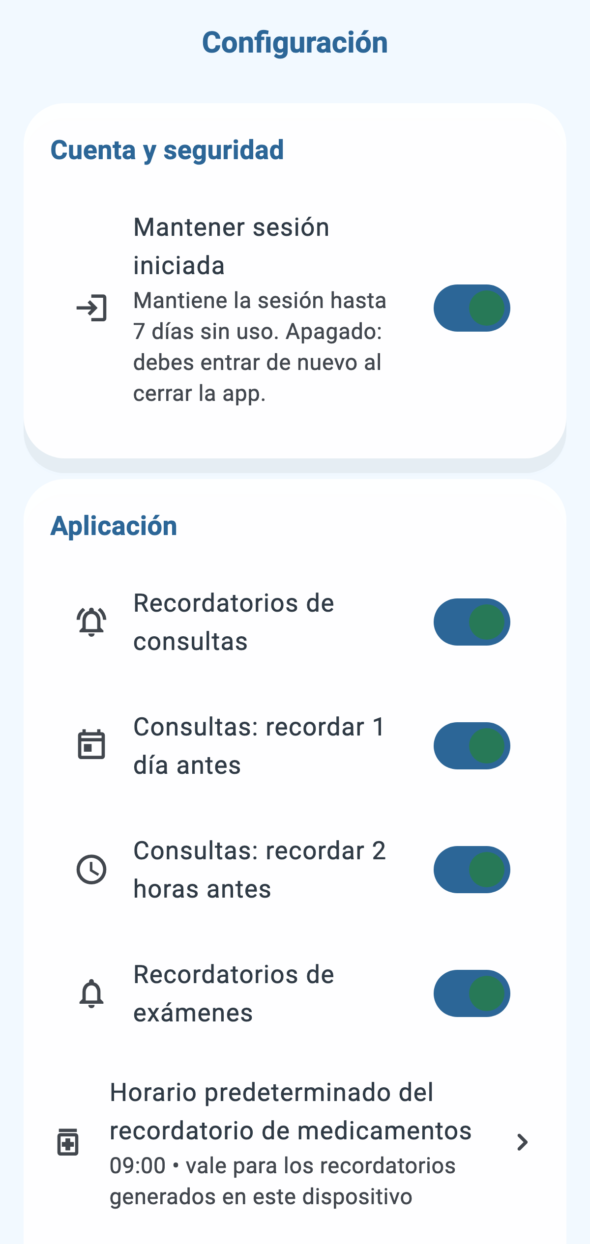 Pantalla real de configuración de CronoBem con recordatorios de consulta, examen y opciones de respaldo y exportación de datos