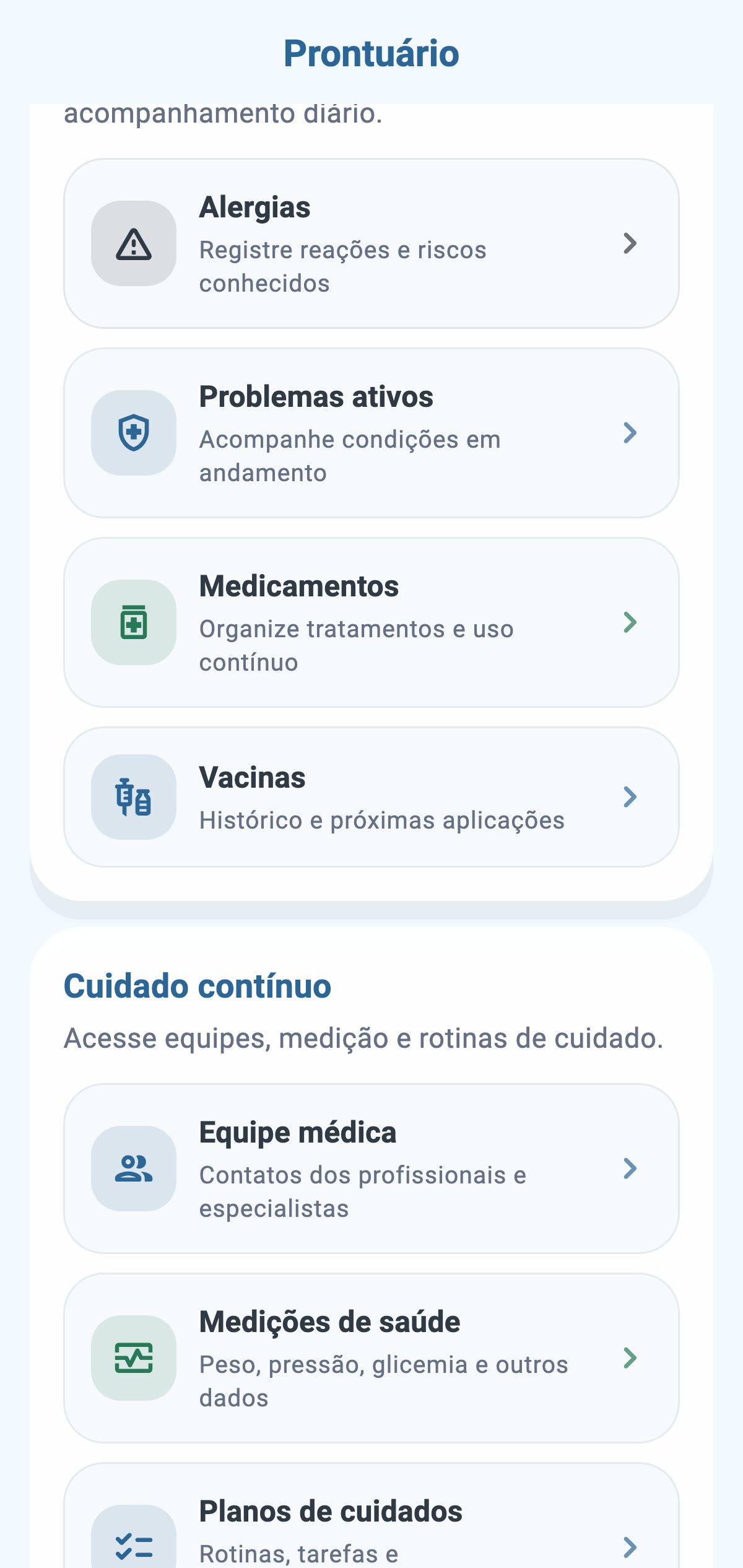 Prontuário do CronoBem com alergias, medicamentos e vacinas