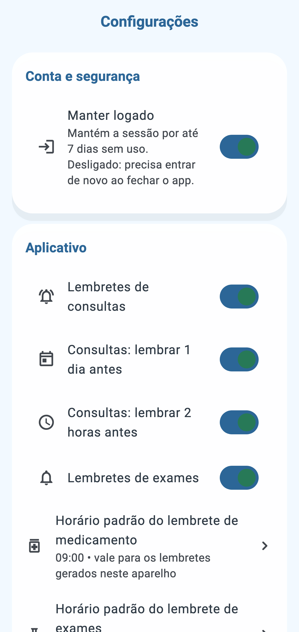 Tela de configurações e acessibilidade do CronoBem