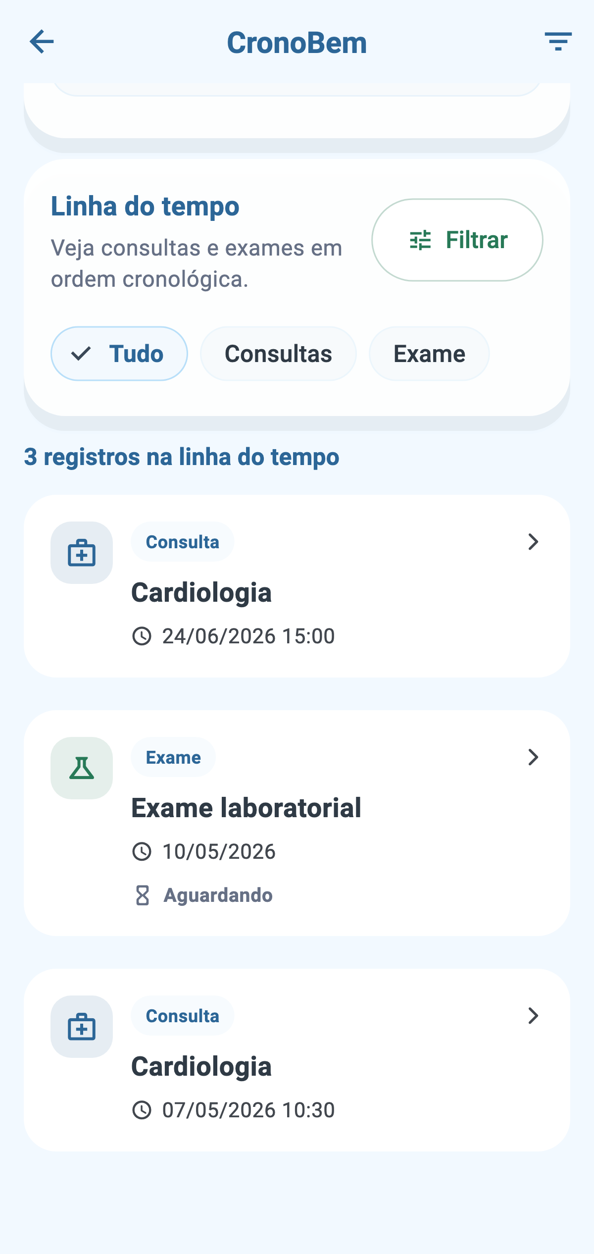 Linha do tempo do CronoBem com consultas e exames